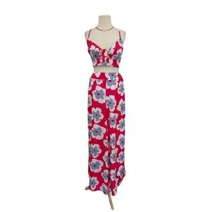 NEW Floral Hot Pink Two Piece Set Tie Knot Crop Top & Wide Leg Pant Summer